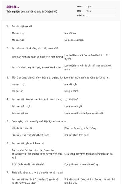 Trắc nghiệm Lực ma sát có đáp án (Nhận biết)