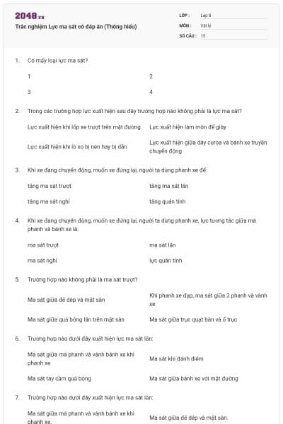 Trắc nghiệm Lực ma sát có đáp án (Thông hiểu)