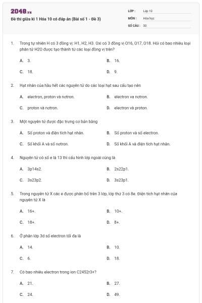 Đề thi giữa kì 1 Hóa 10 có đáp án (Bài số 1 - Đề 3)