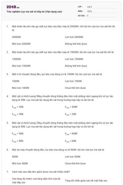 Trắc nghiệm Lực ma sát có đáp án (Vận dụng cao)
