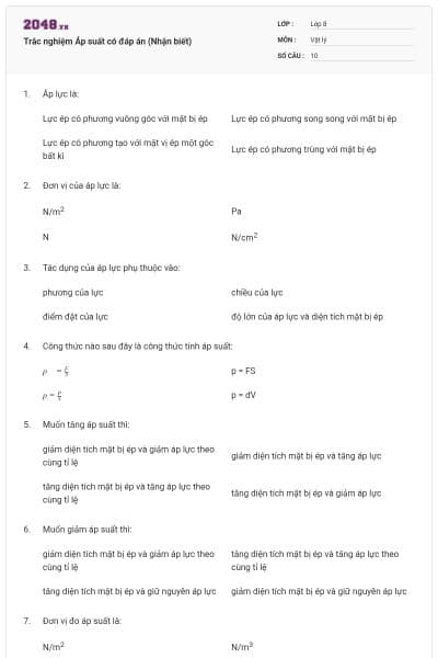 Trắc nghiệm Áp suất có đáp án (Nhận biết)