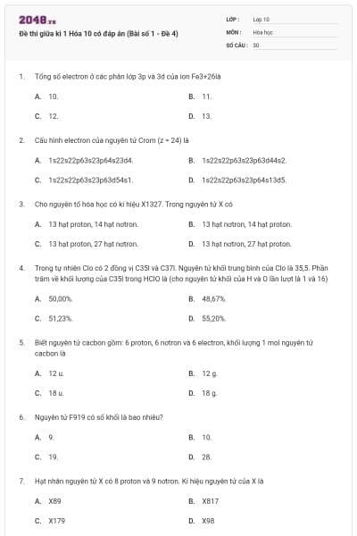 Đề thi giữa kì 1 Hóa 10 có đáp án (Bài số 1 - Đề 4)