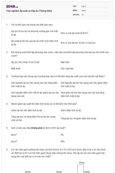 Trắc nghiệm Áp suất có đáp án (Thông hiểu)