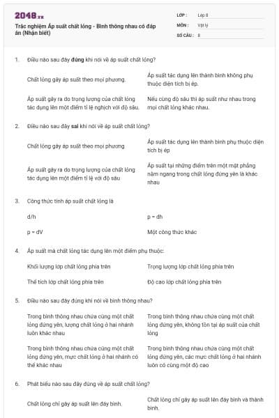 Trắc nghiệm Áp suất chất lỏng - Bình thông nhau có đáp án (Nhận biết)