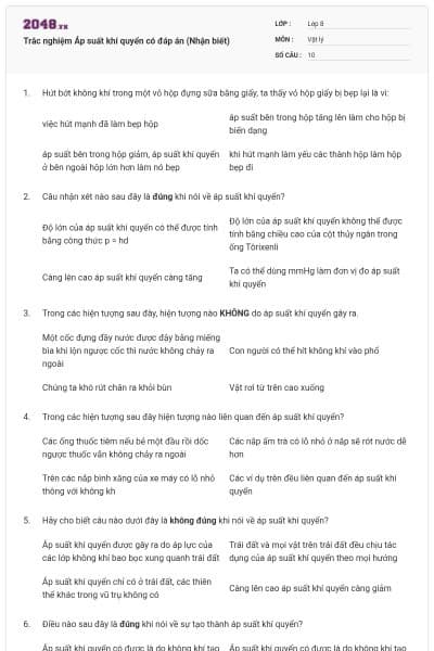 Trắc nghiệm Áp suất khí quyển có đáp án (Nhận biết)