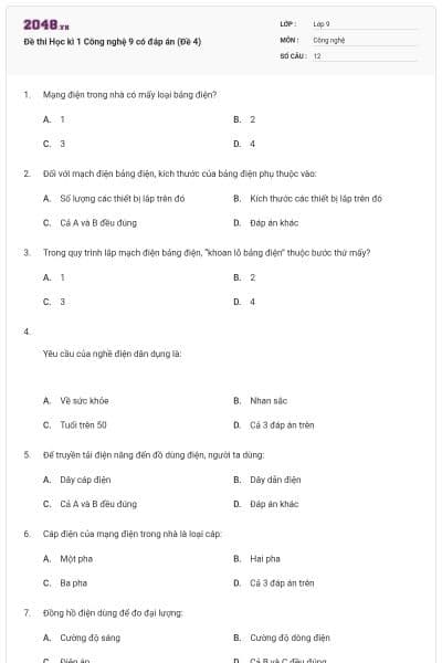 Đề thi Học kì 1 Công nghệ 9 có đáp án (Đề 4)
