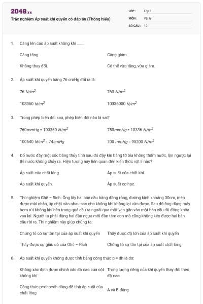 Trắc nghiệm Áp suất khí quyển có đáp án (Thông hiểu)