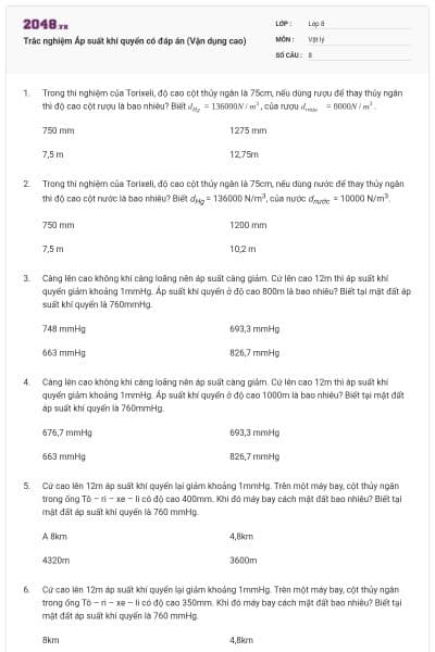 Trắc nghiệm Áp suất khí quyển có đáp án (Vận dụng cao)