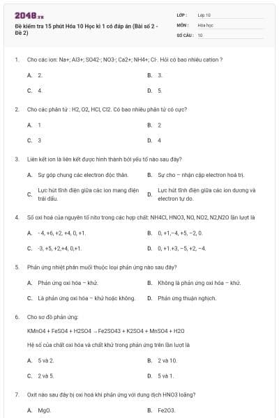 Đề kiểm tra 15 phút Hóa 10 Học kì 1 có đáp án (Bài số 2 - Đề 2)
