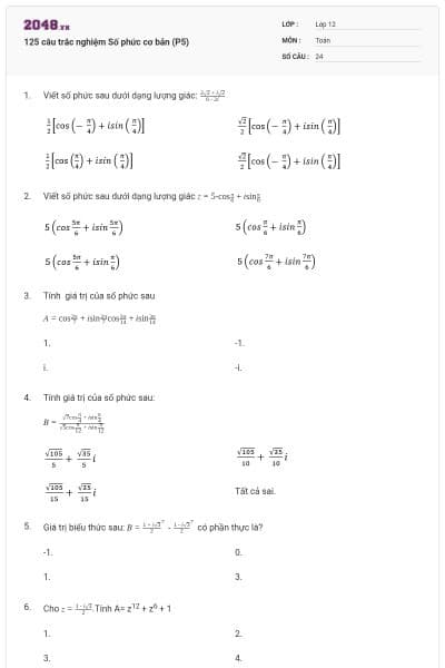 125 câu trắc nghiệm Số phức cơ bản (P5)