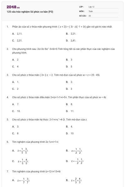 125 câu trắc nghiệm Số phức cơ bản (P3)