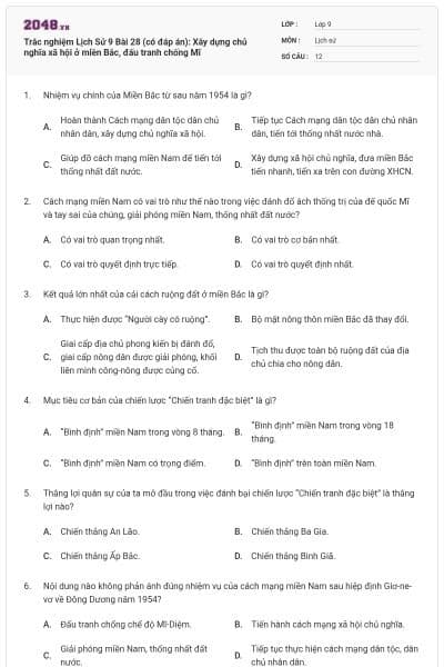 Trắc nghiệm Lịch Sử 9 Bài 28 (có đáp án): Xây dựng chủ nghĩa xã hội ở miền Bắc, đấu tranh chống Mĩ