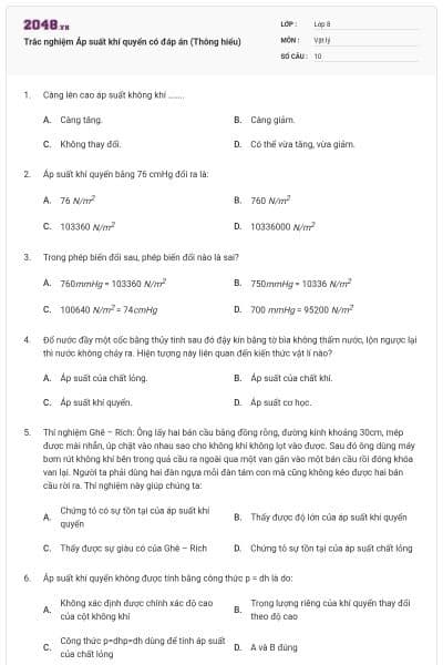 Trắc nghiệm Áp suất khí quyển có đáp án (Thông hiểu)