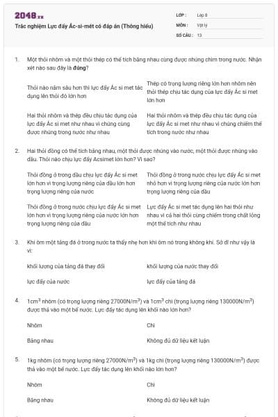 Trắc nghiệm Lực đẩy Ác-si-mét có đáp án (Thông hiểu)