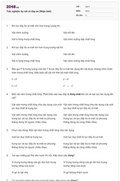 Trắc nghiệm Sự nổi có đáp án (Nhận biết)