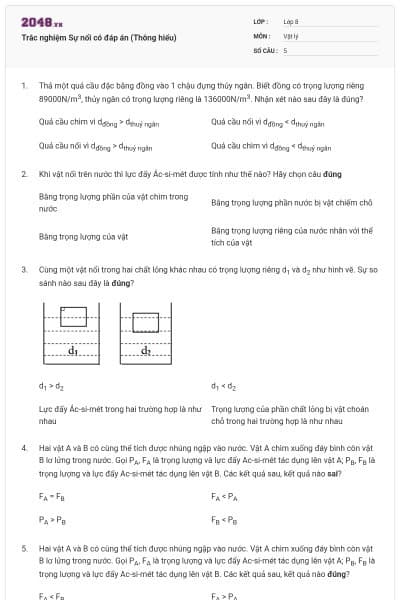 Trắc nghiệm Sự nổi có đáp án (Thông hiểu)