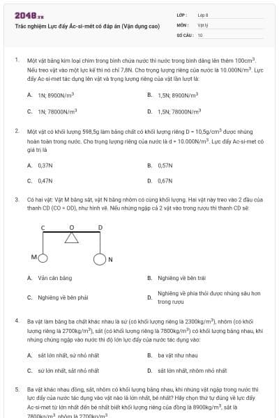 Trắc nghiệm Lực đẩy Ác-si-mét có đáp án (Vận dụng cao)
