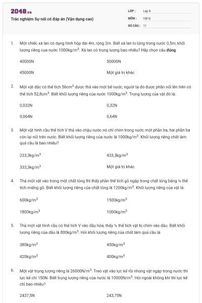 Trắc nghiệm Sự nổi có đáp án (Vận dụng cao)
