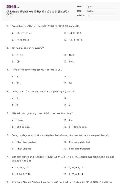 Đề kiểm tra 15 phút Hóa 10 Học kì 1 có đáp án (Bài số 2 - Đề 3)