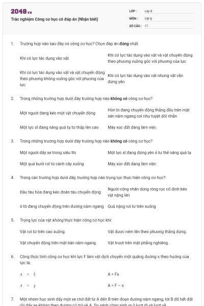 Trắc nghiệm Công cơ học có đáp án (Nhận biết)