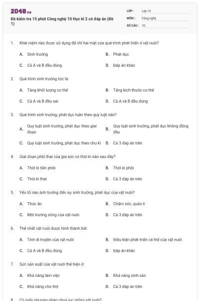 Đề kiểm tra 15 phút Công nghệ 10 Học kì 2 có đáp án (Đề 1)