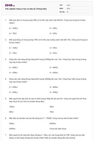 Trắc nghiệm Công cơ học có đáp án (Thông hiểu)