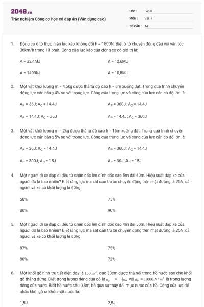 Trắc nghiệm Công cơ học có đáp án (Vận dụng cao)