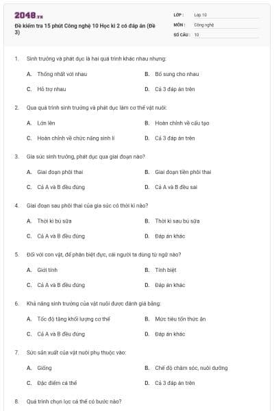 Đề kiểm tra 15 phút Công nghệ 10 Học kì 2 có đáp án (Đề 3)