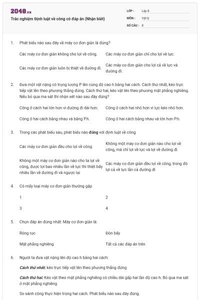 Trắc nghiệm Định luật về công có đáp án (Nhận biết)