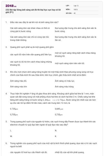232 Bài tập Sóng ánh sáng sát đề thi Đại học cực hay có lời giải (P1)