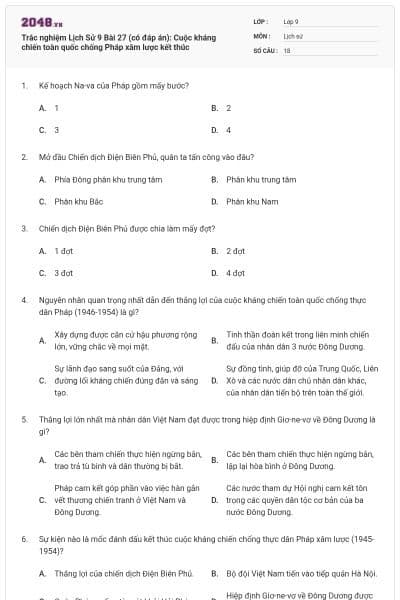 Trắc nghiệm Lịch Sử 9 Bài 27 (có đáp án): Cuộc kháng chiến toàn quốc chống Pháp xâm lược kết thúc