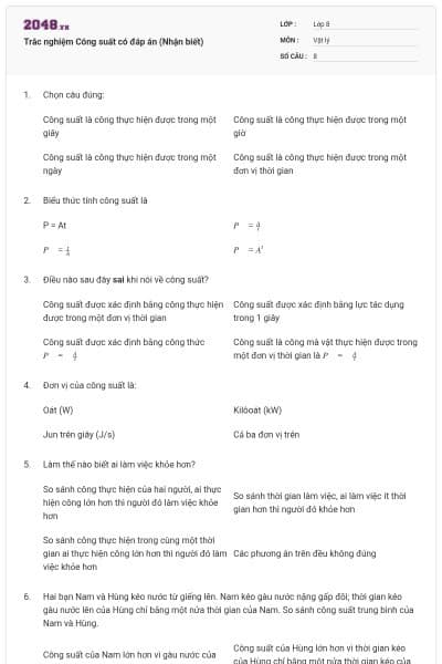 Trắc nghiệm Công suất có đáp án (Nhận biết)