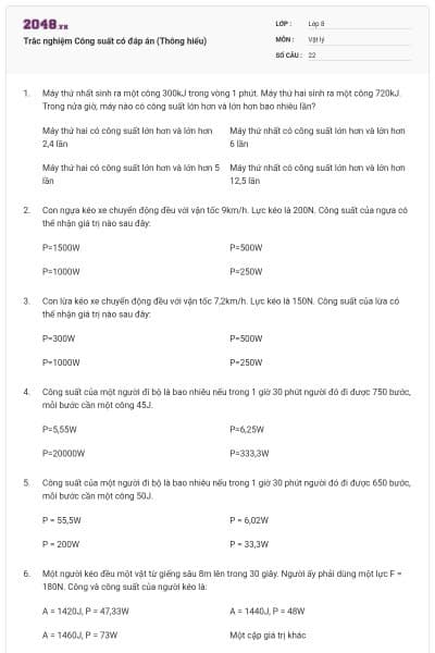 Trắc nghiệm Công suất có đáp án (Thông hiểu)