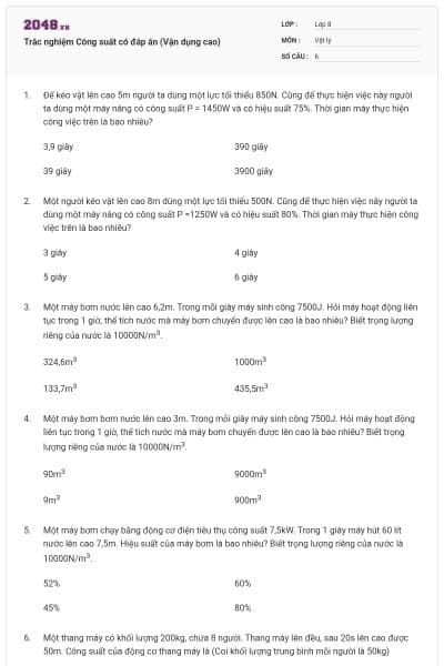 Trắc nghiệm Công suất có đáp án (Vận dụng cao)