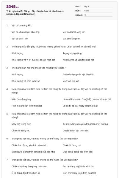 Trắc nghiệm Cơ Năng – Sự chuyển hóa và bảo toàn cơ năng có đáp án (Nhận biết)