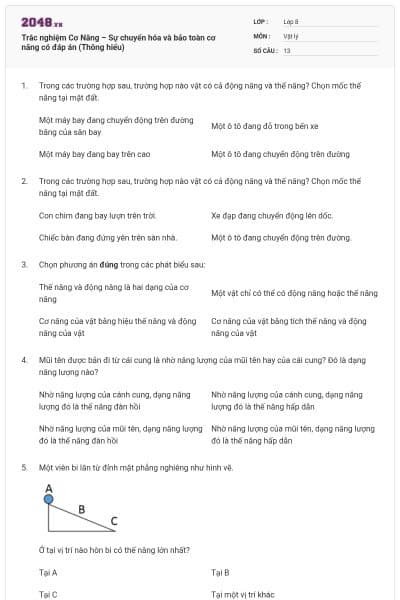 Trắc nghiệm Cơ Năng – Sự chuyển hóa và bảo toàn cơ năng có đáp án (Thông hiểu)