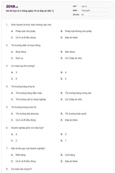 Đề thi Học kì 2 Công nghệ 10 có đáp án (Đề 1)