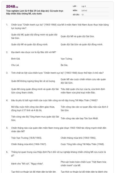 Trắc nghiệm Lịch Sử 9 Bài 29 (có đáp án): Cả nước trực tiếp chiến đấu chống Mĩ, cứu nước