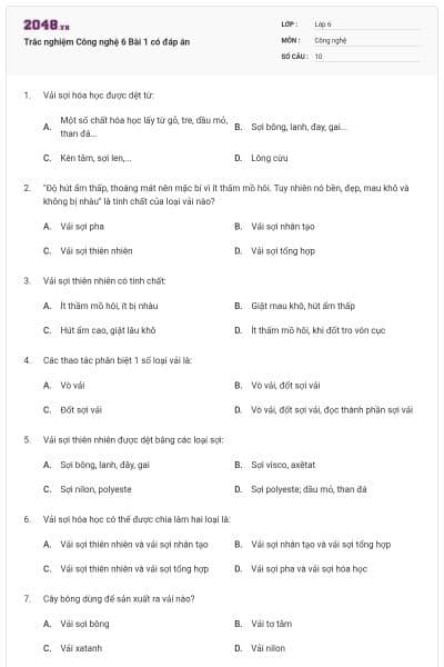 Trắc nghiệm Công nghệ 6 Bài 1 có đáp án