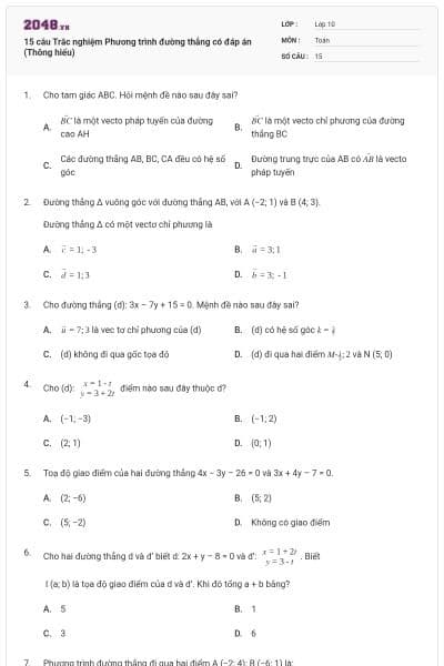 15 câu Trắc nghiệm Phương trình đường thẳng có đáp án (Thông hiểu)