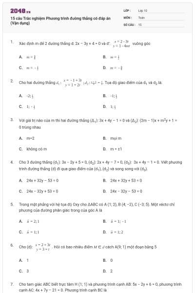 15 câu Trắc nghiệm Phương trình đường thẳng có đáp án (Vận dụng)