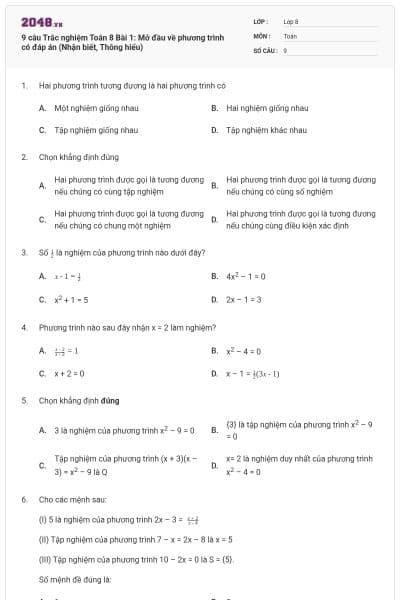 9 câu Trắc nghiệm Toán 8 Bài 1: Mở đầu về phương trình có đáp án (Nhận biết, Thông hiểu)