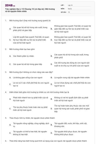 Trắc nghiệm Địa Lí 10 Chương 10 (có đáp án): Môi trường và tài nguyên thiên nhiên