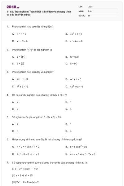 11 câu Trắc nghiệm Toán 8 Bài 1: Mở đầu về phương trình có đáp án (Vận dụng)
