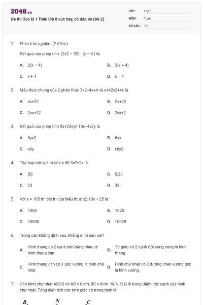 Đề thi Học kì 1 Toán lớp 8 cực hay, có đáp án (Đề 2)