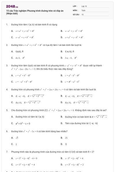 15 câu  Trắc nghiệm Phương trình đường tròn có đáp án (Nhận biết)