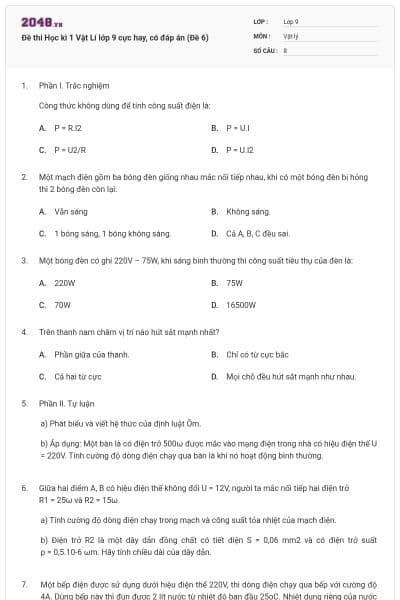 Đề thi Học kì 1 Vật Lí lớp 9 cực hay, có đáp án (Đề 6)