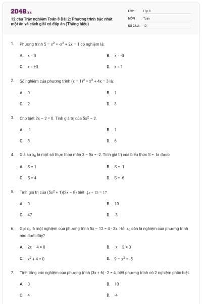 12 câu Trắc nghiệm Toán 8 Bài 2: Phương trình bậc nhất một ẩn và cách giải có đáp án (Thông hiểu)