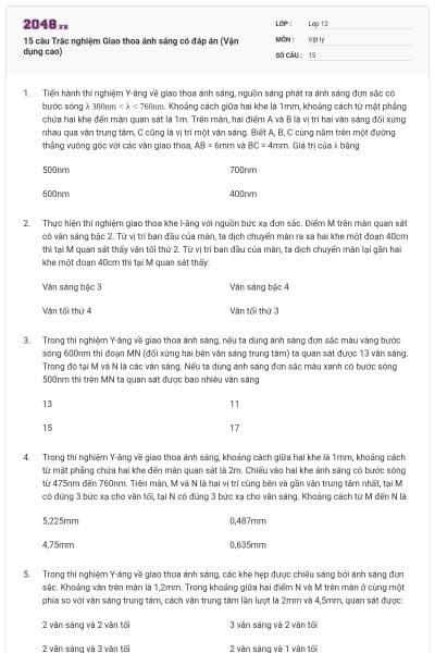 15 câu Trắc nghiệm Giao thoa ánh sáng có đáp án (Vận dụng cao)
