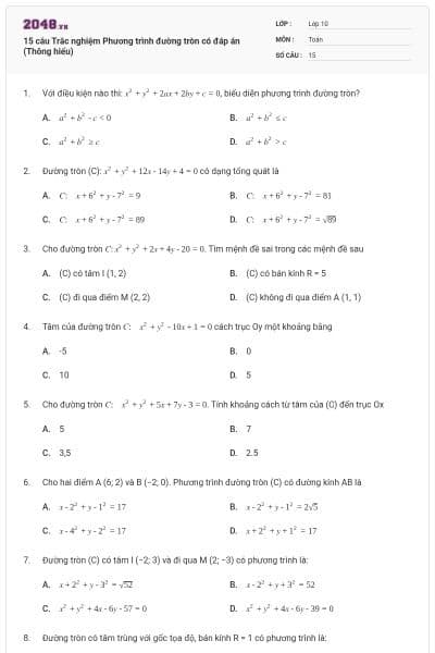 15 câu  Trắc nghiệm Phương trình đường tròn có đáp án (Thông hiểu)